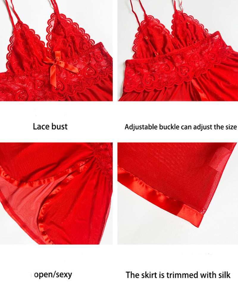 Contrast Lace Bow Decor Mesh Slip Dress