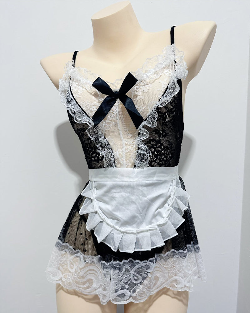 Maid Costume Sheer Lace Patchwork Dress Set