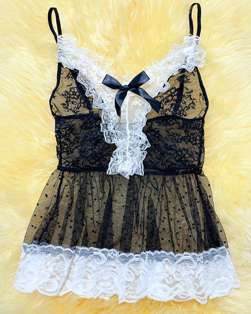 Maid Costume Sheer Lace Patchwork Dress Set