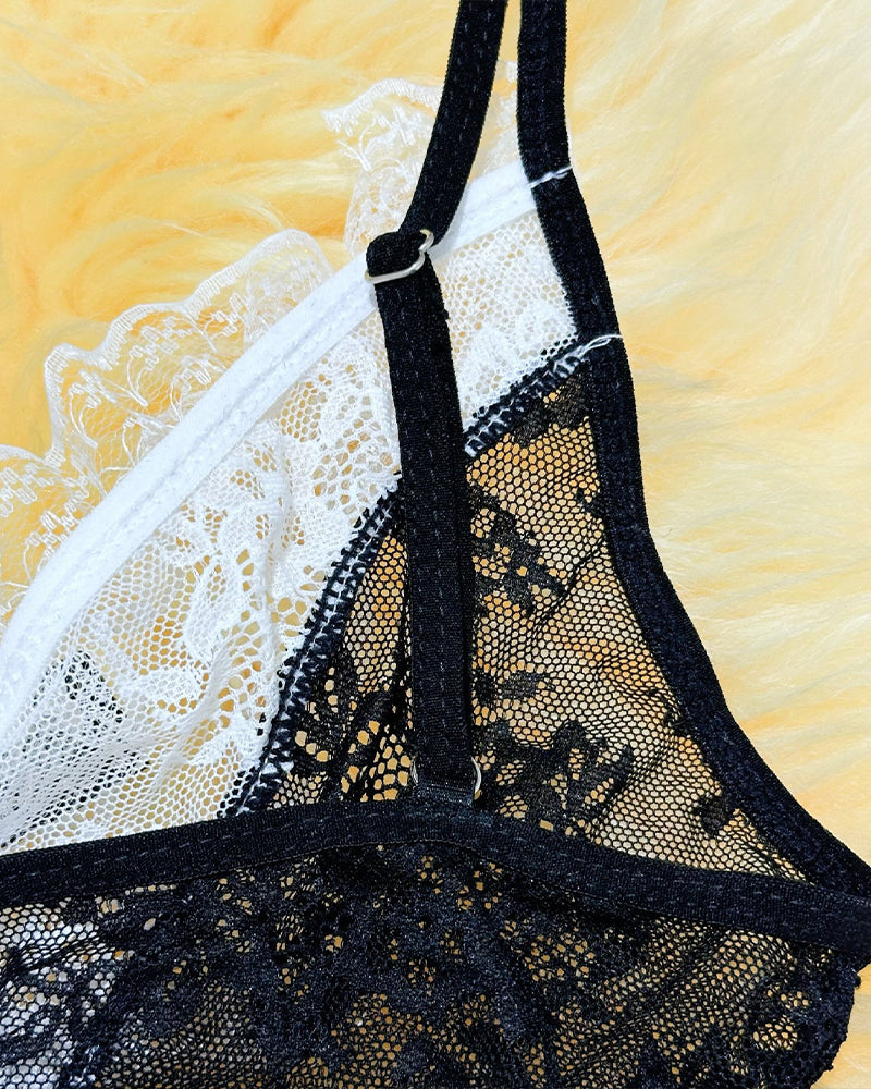 Maid Costume Sheer Lace Patchwork Dress Set