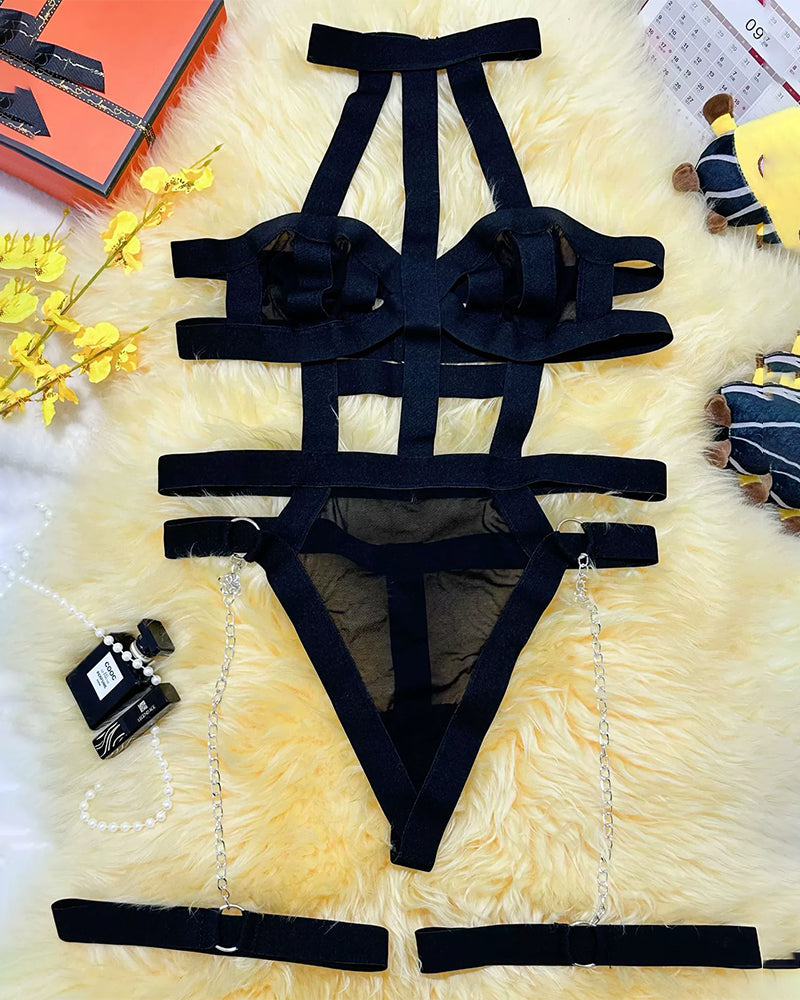 Plus Size Mesh Cut Out Teddy Chain Garter Sets