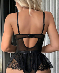 Lace Hollow Out Bodysuit Mini Skirt with Garter
