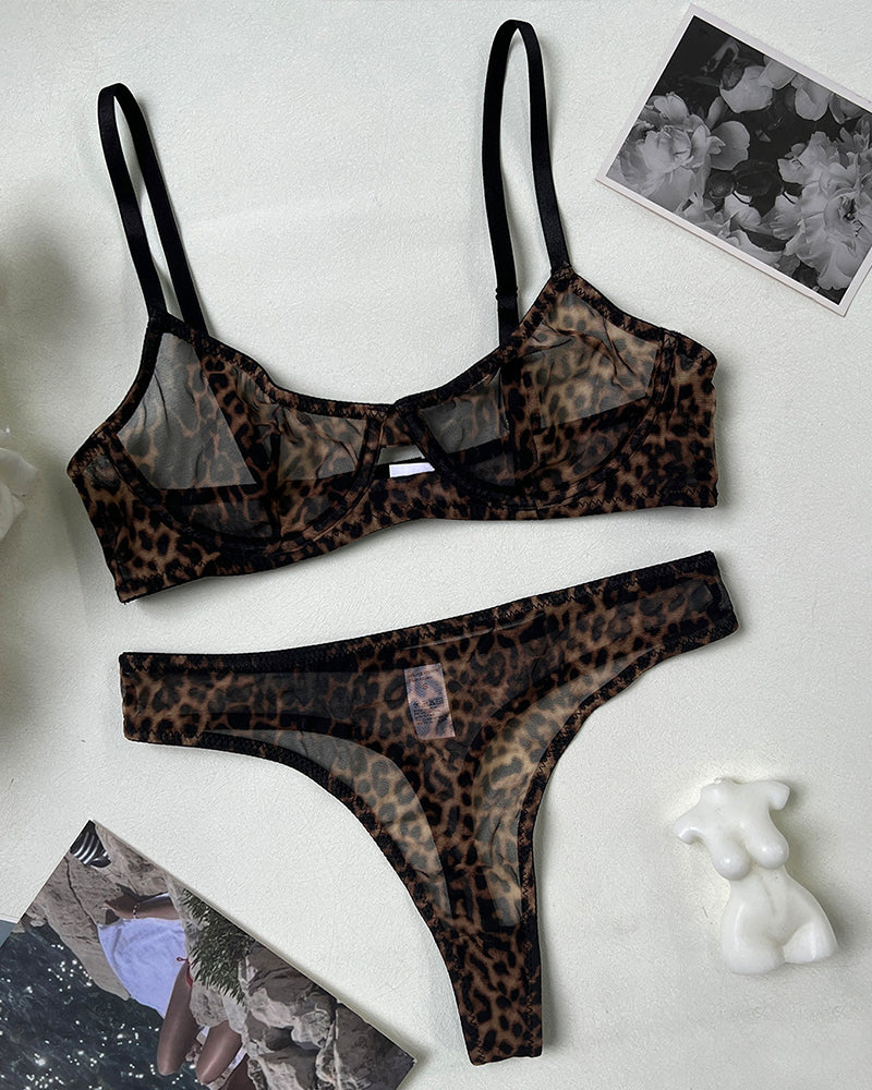 Leopard Mesh Sheer Push Up Lingerie Set