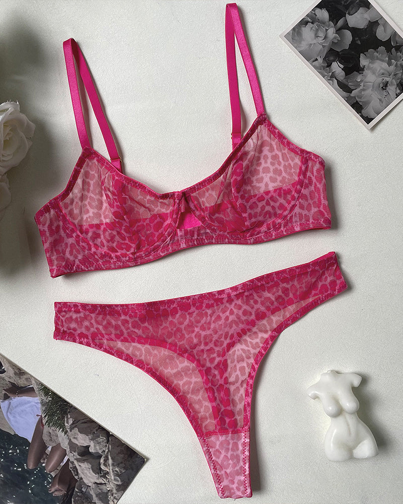 Leopard Mesh Sheer Push Up Lingerie Set