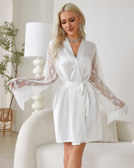 Sheer Heart Lace Satin Robe With Belt