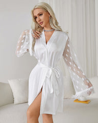 Sheer Heart Lace Satin Robe With Belt