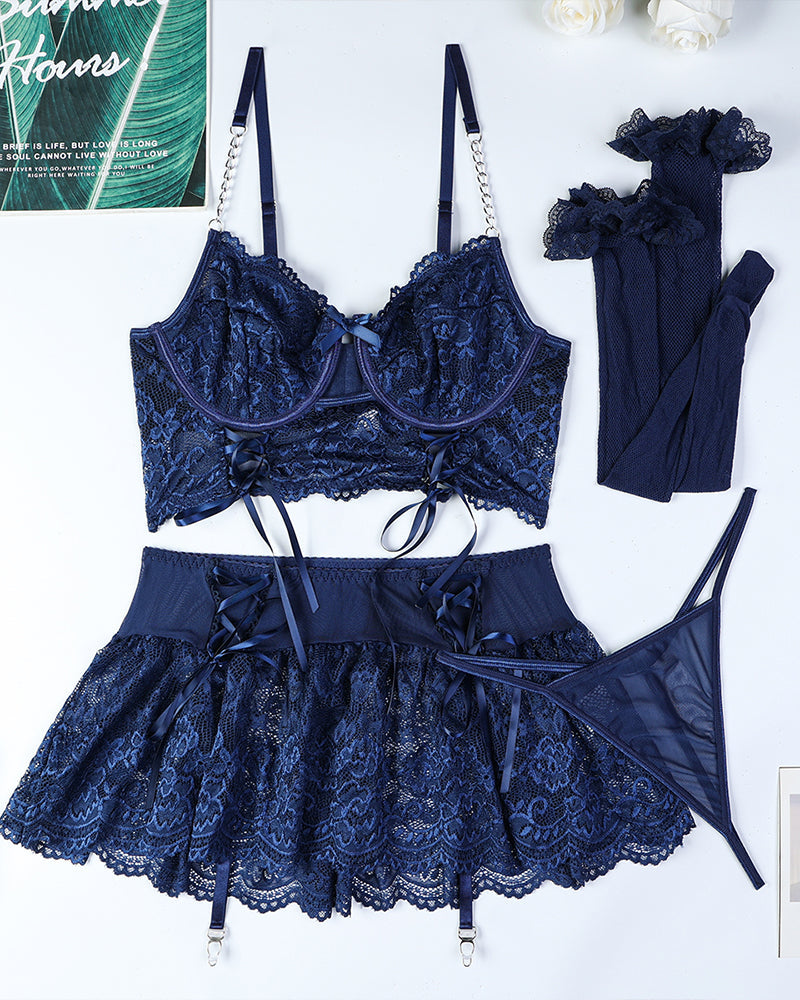 Chain Lace Tie Skirt Set With Stockings