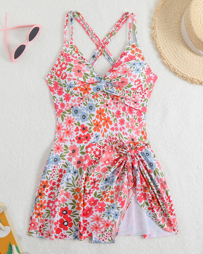 Cross straps Side Drawstring Swim Dress
