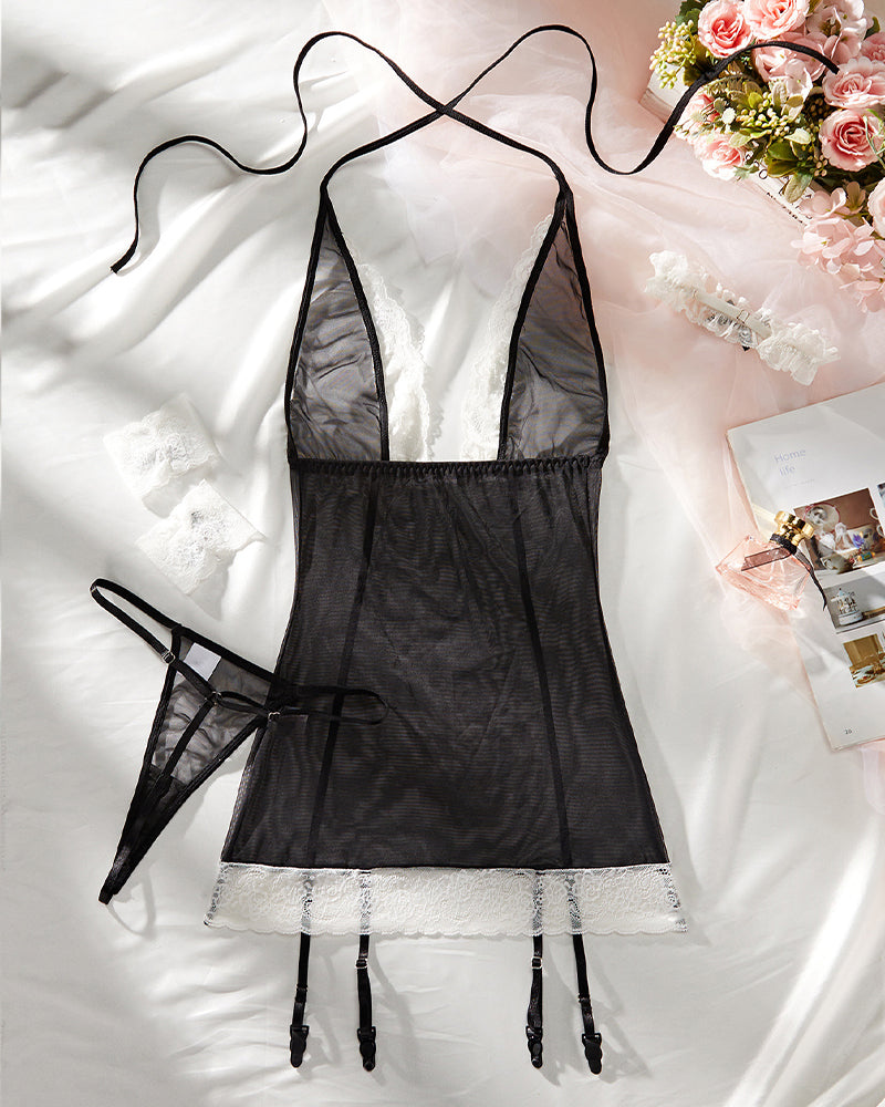 Mesh Lace Garter Maid Lingerie Set