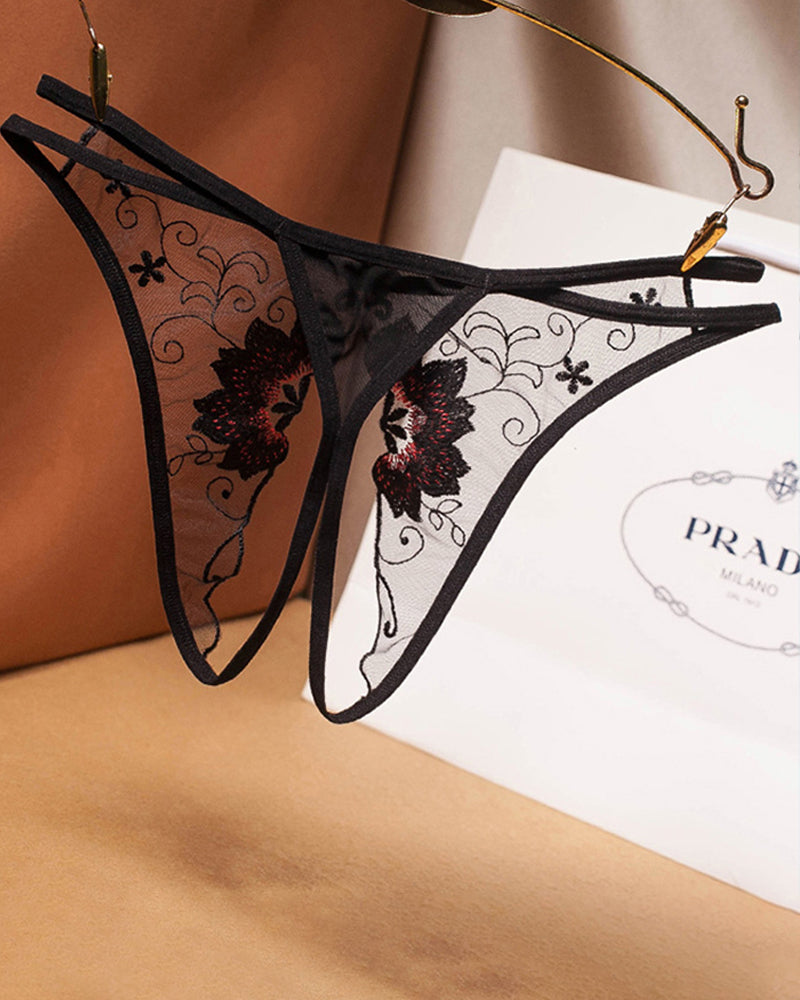 Mesh Embroidered Crotchless Thong