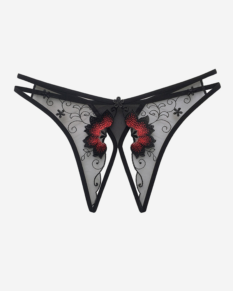 Mesh Embroidered Crotchless Thong