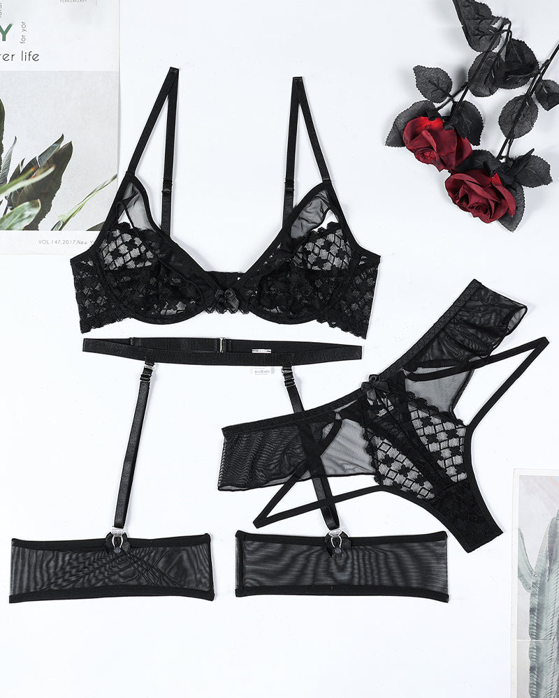 Half Cup Hollow Mesh Lingerie Set