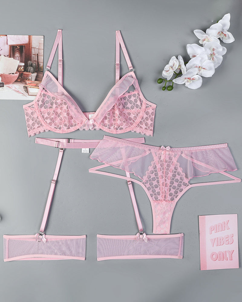 Half Cup Hollow Mesh Lingerie Set