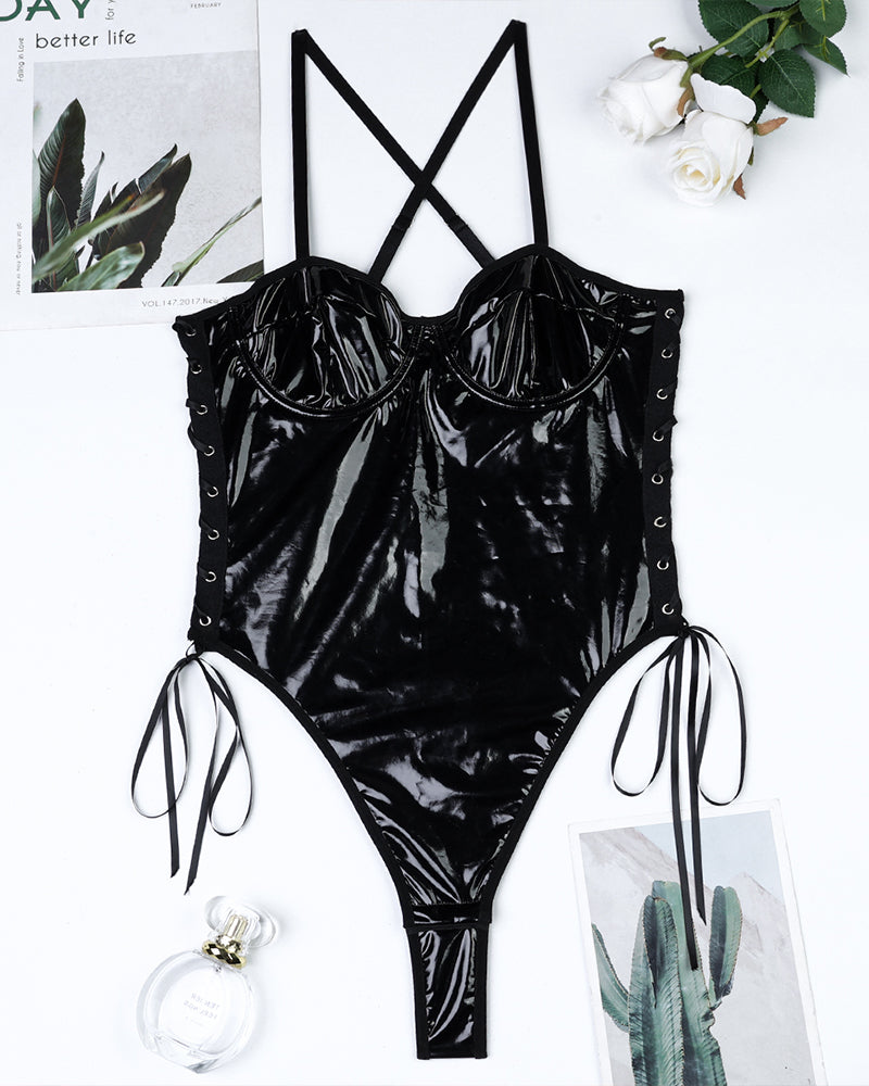 Leather Lace-Up Camisole Bodysuit