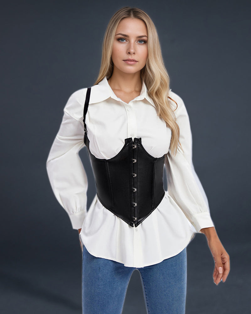 1980s 10 Boned Leather Suspenders Corset