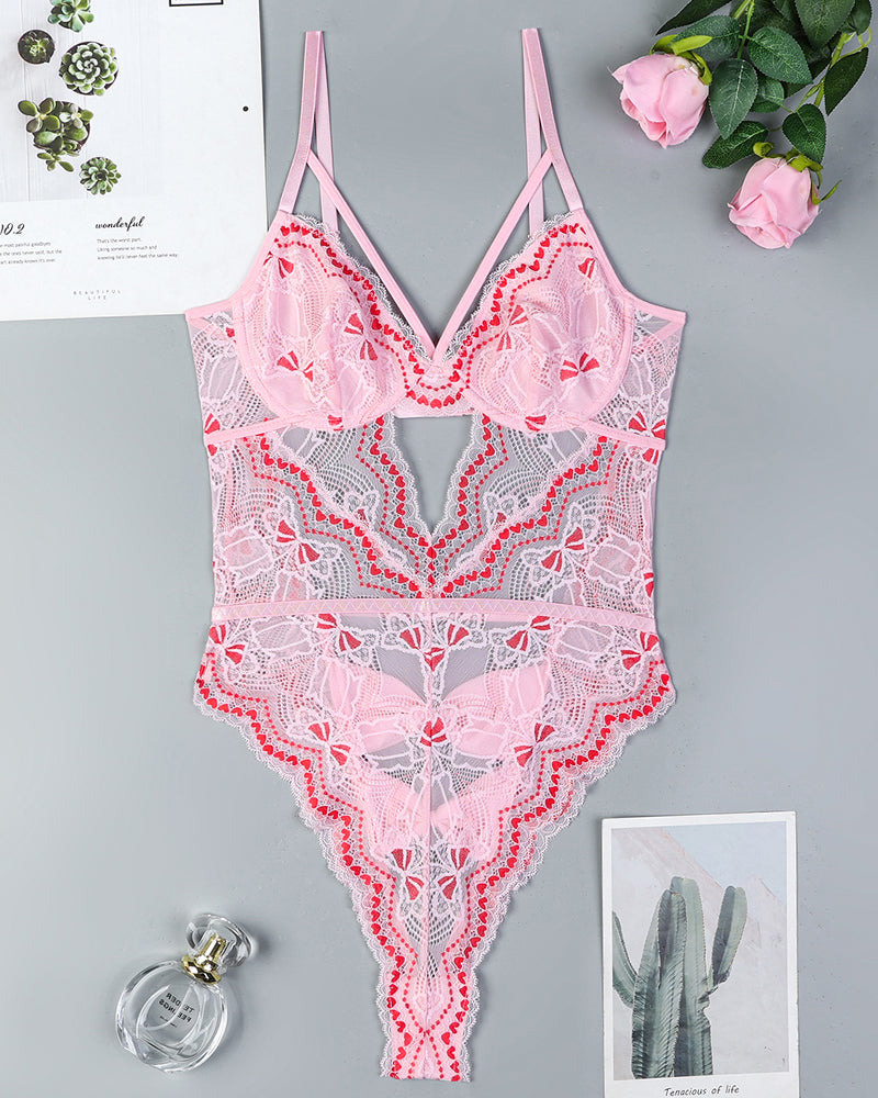 Embroidery Bow Cutout Lace Bodysuit