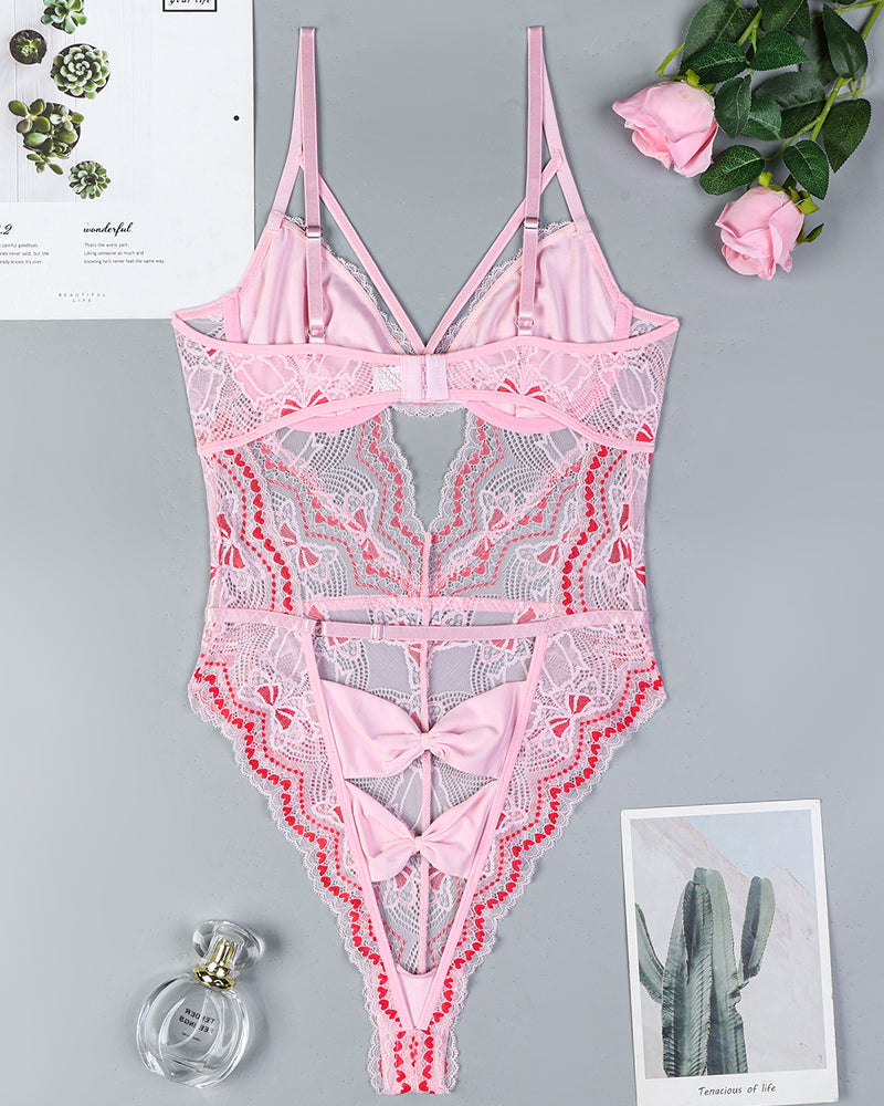 Embroidery Bow Cutout Lace Bodysuit