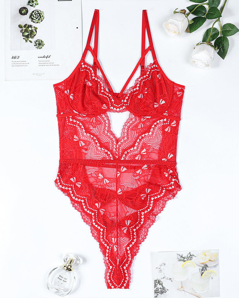 Embroidery Bow Cutout Lace Bodysuit