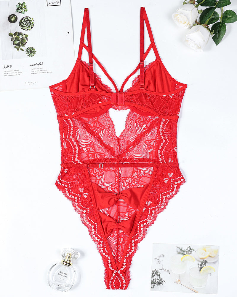 Embroidery Bow Cutout Lace Bodysuit