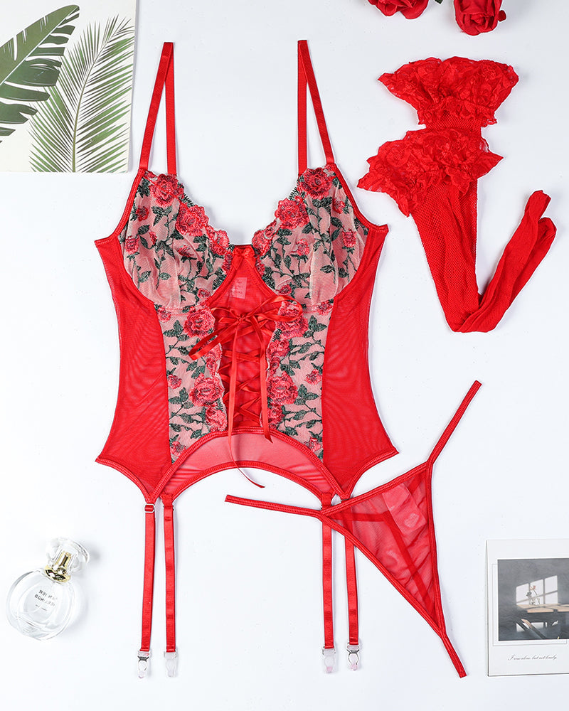 Flower Embroidered Cross Straps Bra Set