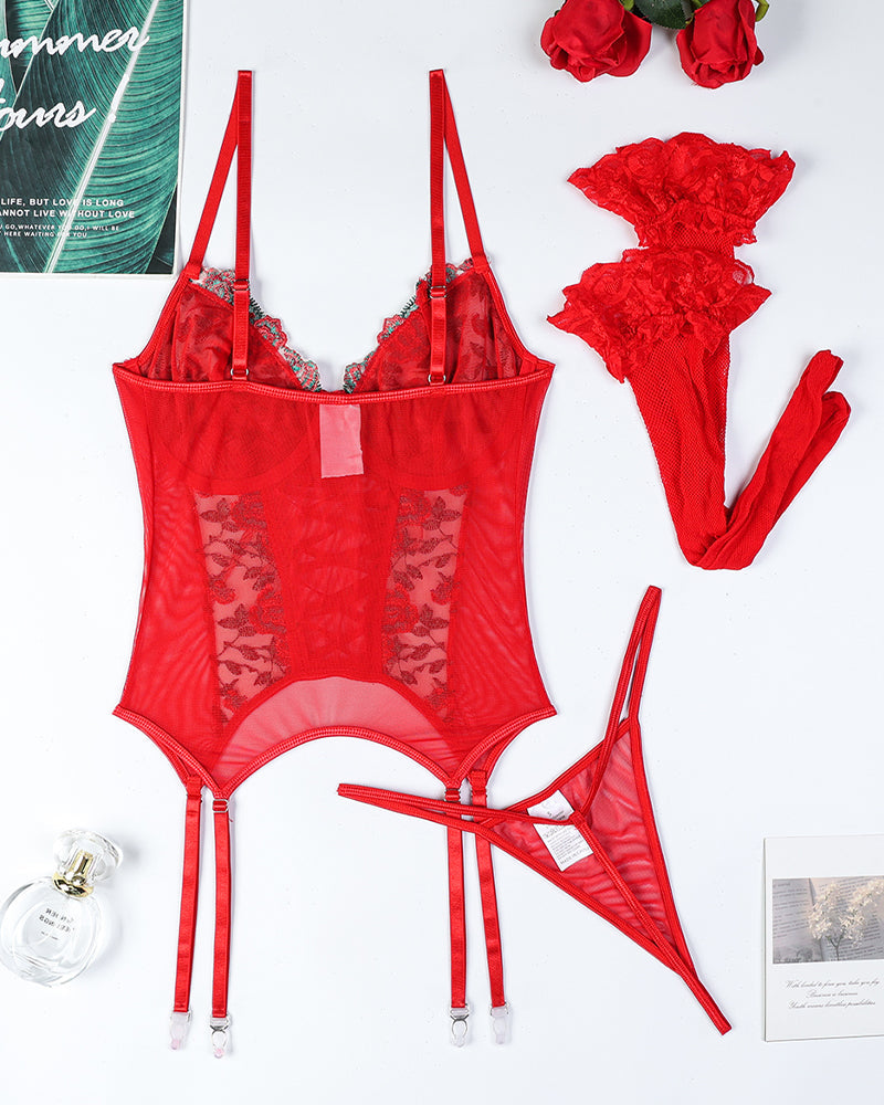 Flower Embroidered Cross Straps Bra Set