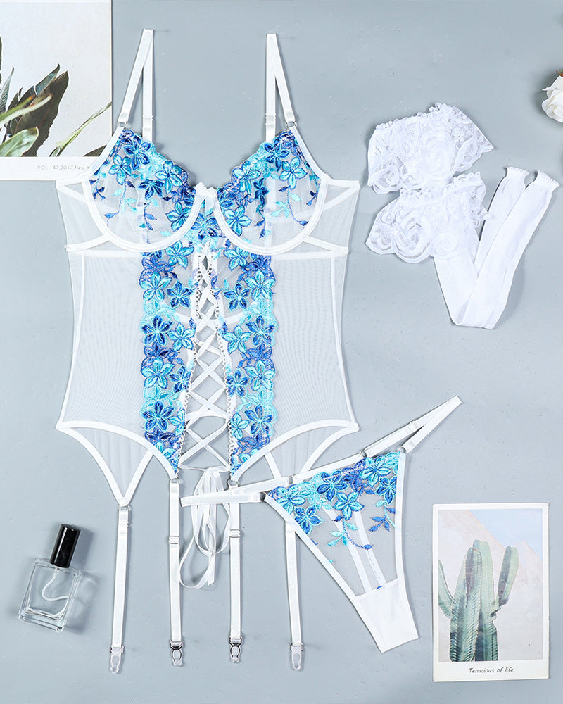 Flower Embroidered Stockings Bra Set