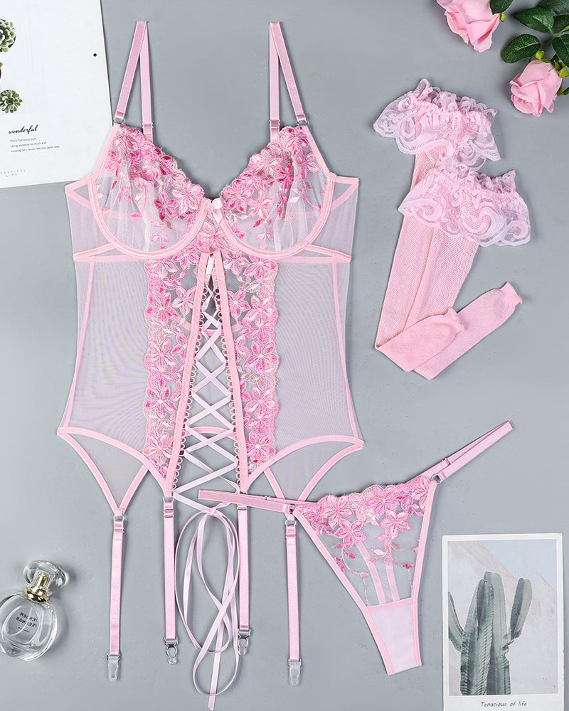 Flower Embroidered Stockings Bra Set