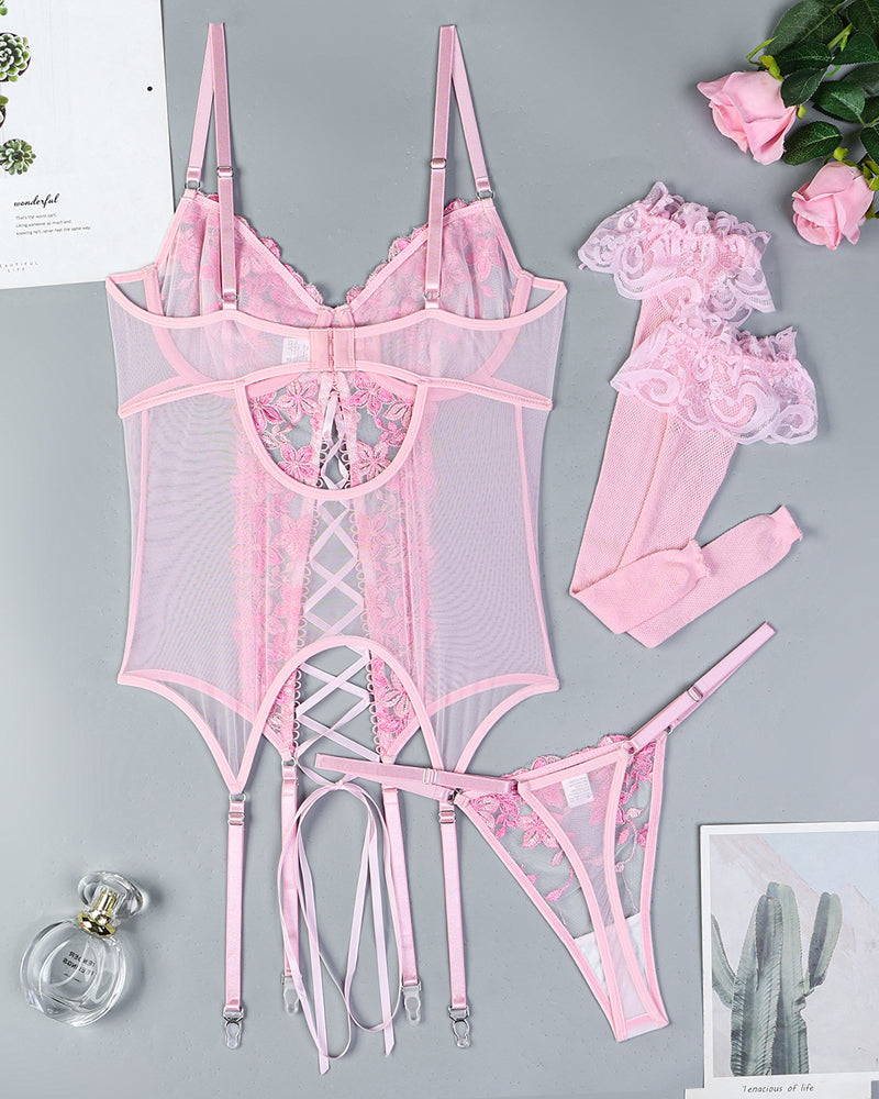 Flower Embroidered Stockings Bra Set