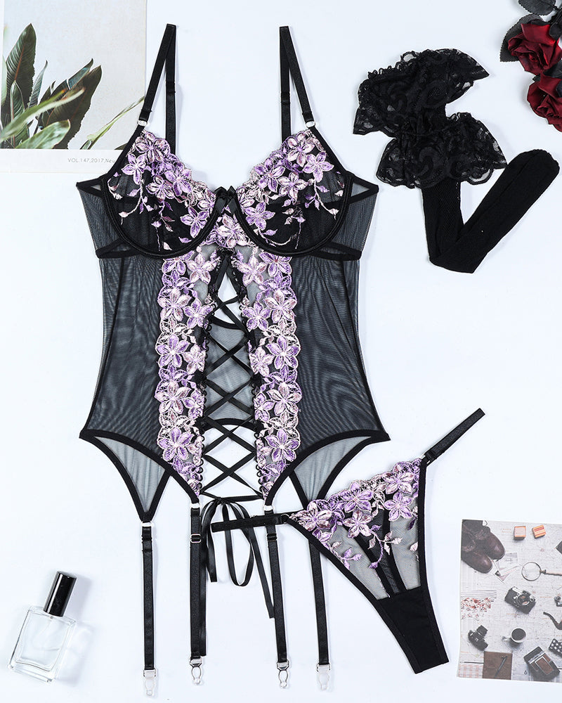 Flower Embroidered Stockings Bra Set