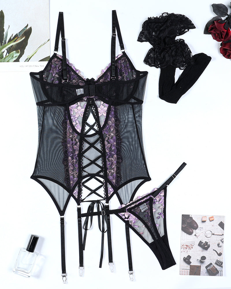 Flower Embroidered Stockings Bra Set