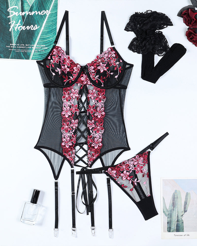 Flower Embroidered Stockings Bra Set