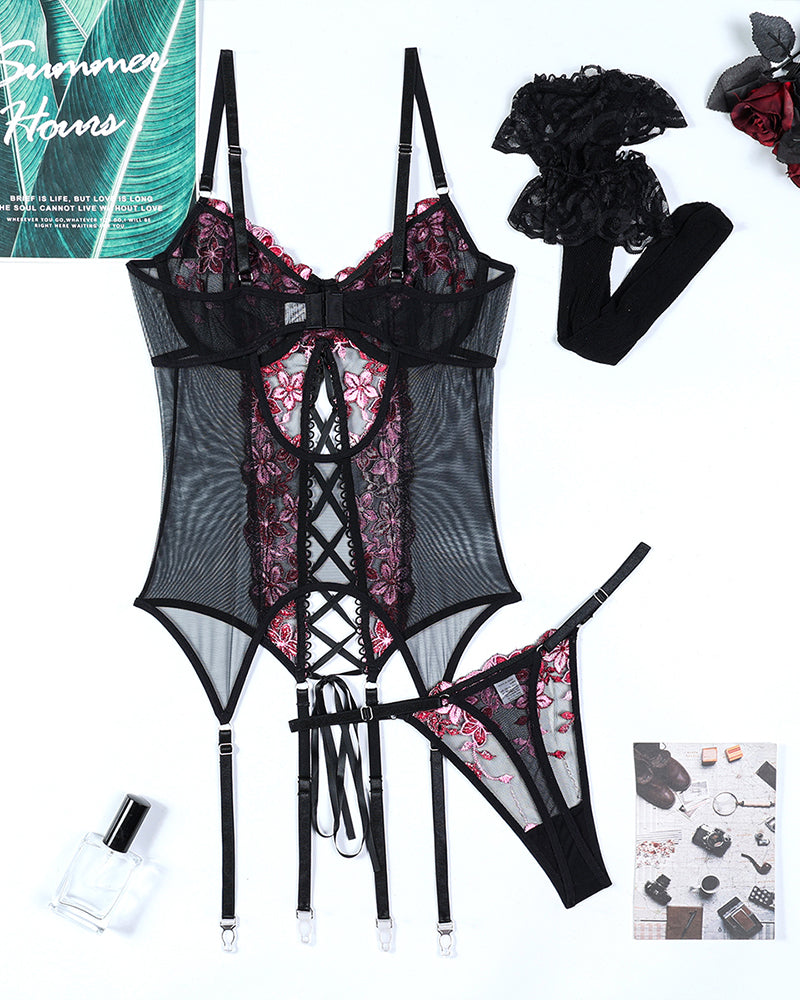 Flower Embroidered Stockings Bra Set