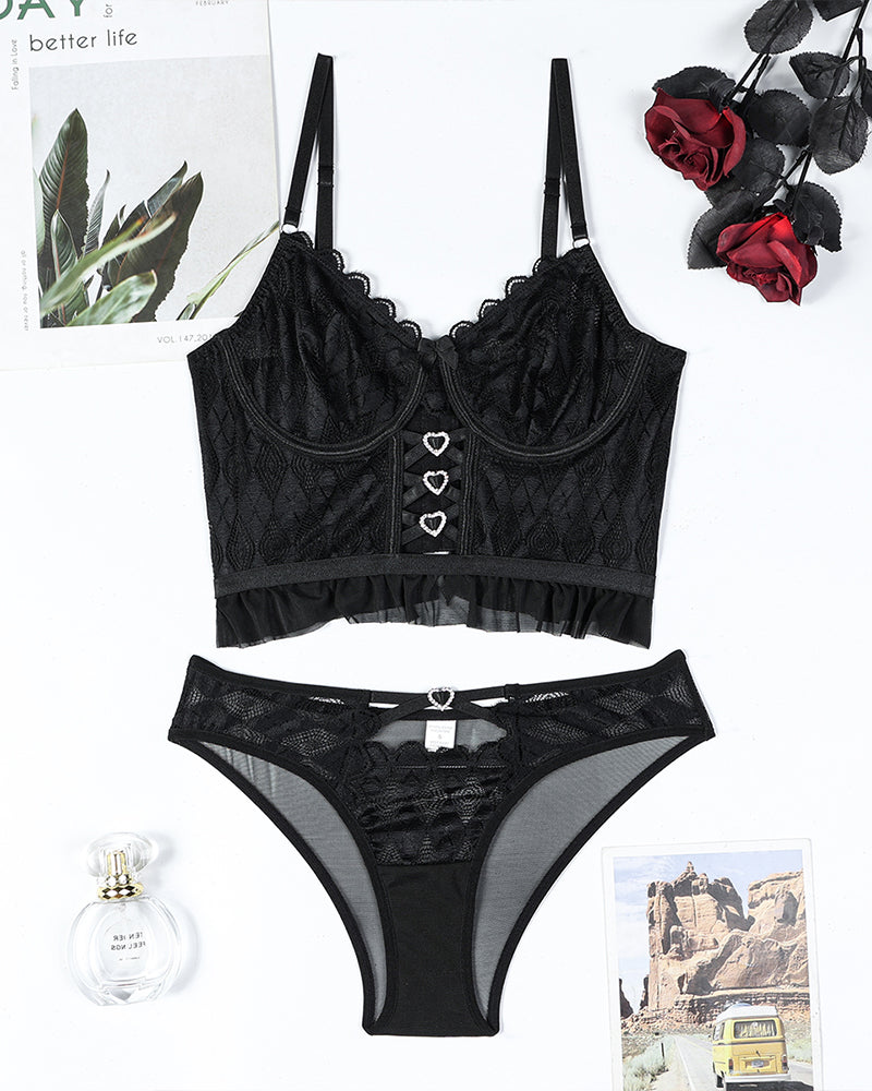 Lace Cross Heart Bra Set