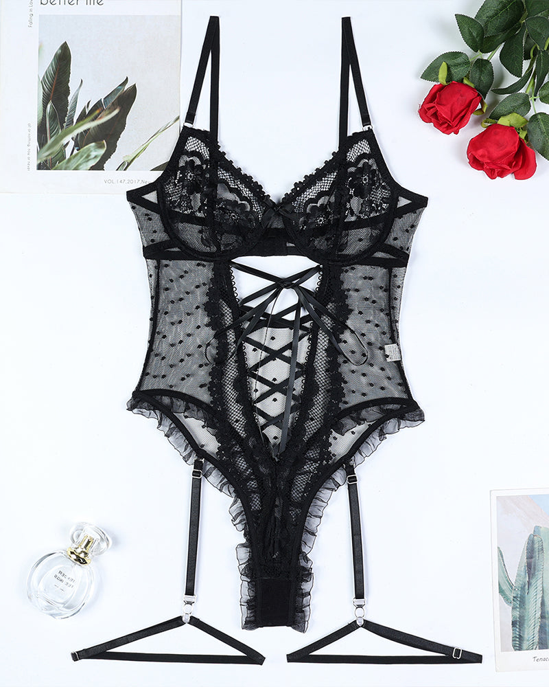Lace Hollow Cross Strap Bodysuit