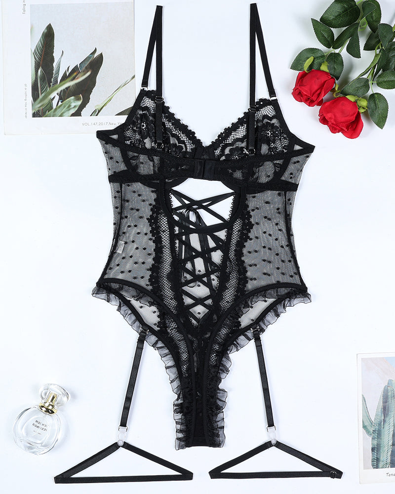 Lace Hollow Cross Strap Bodysuit