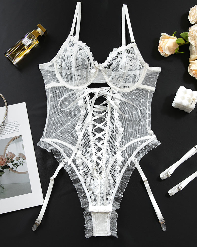 Lace Hollow Cross Strap Bodysuit