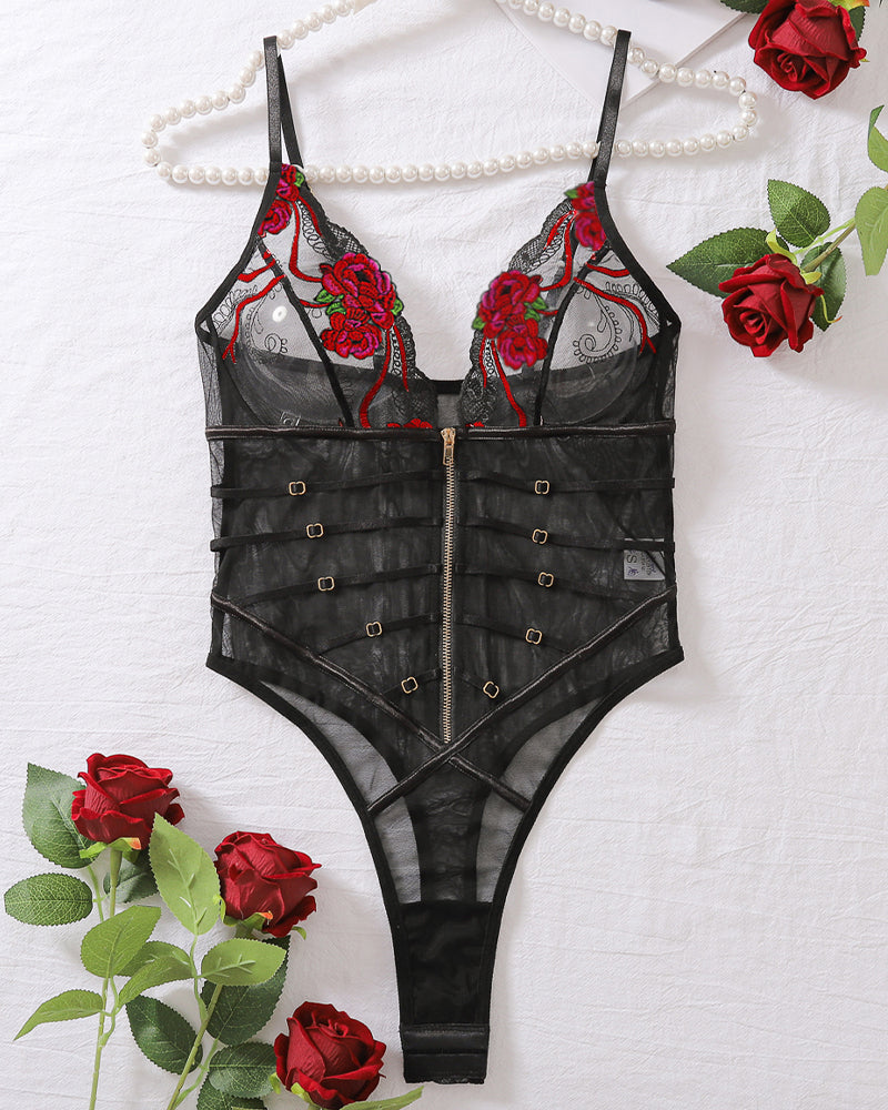 Lace Mesh Embroidered Transparent V-Neck Bodysuit
