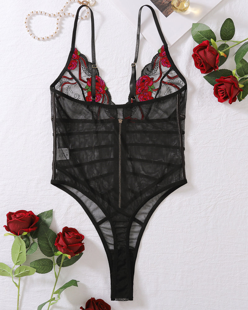 Lace Mesh Embroidered Transparent V-Neck Bodysuit