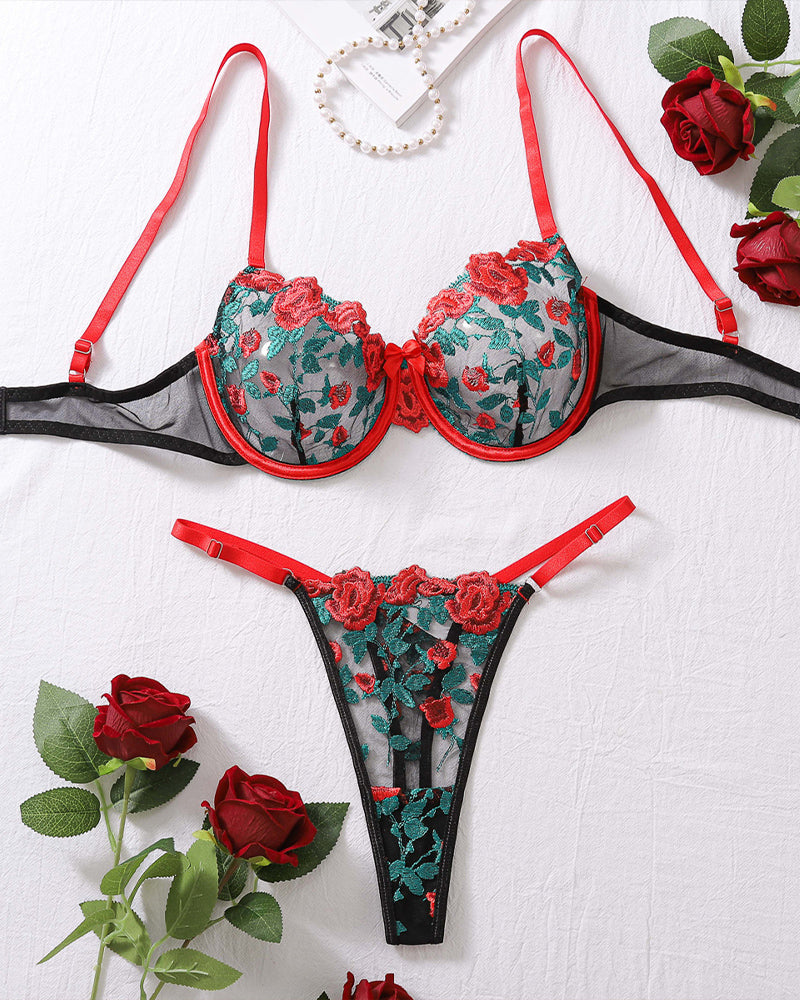 FEmbroidery See-Through Bra Set