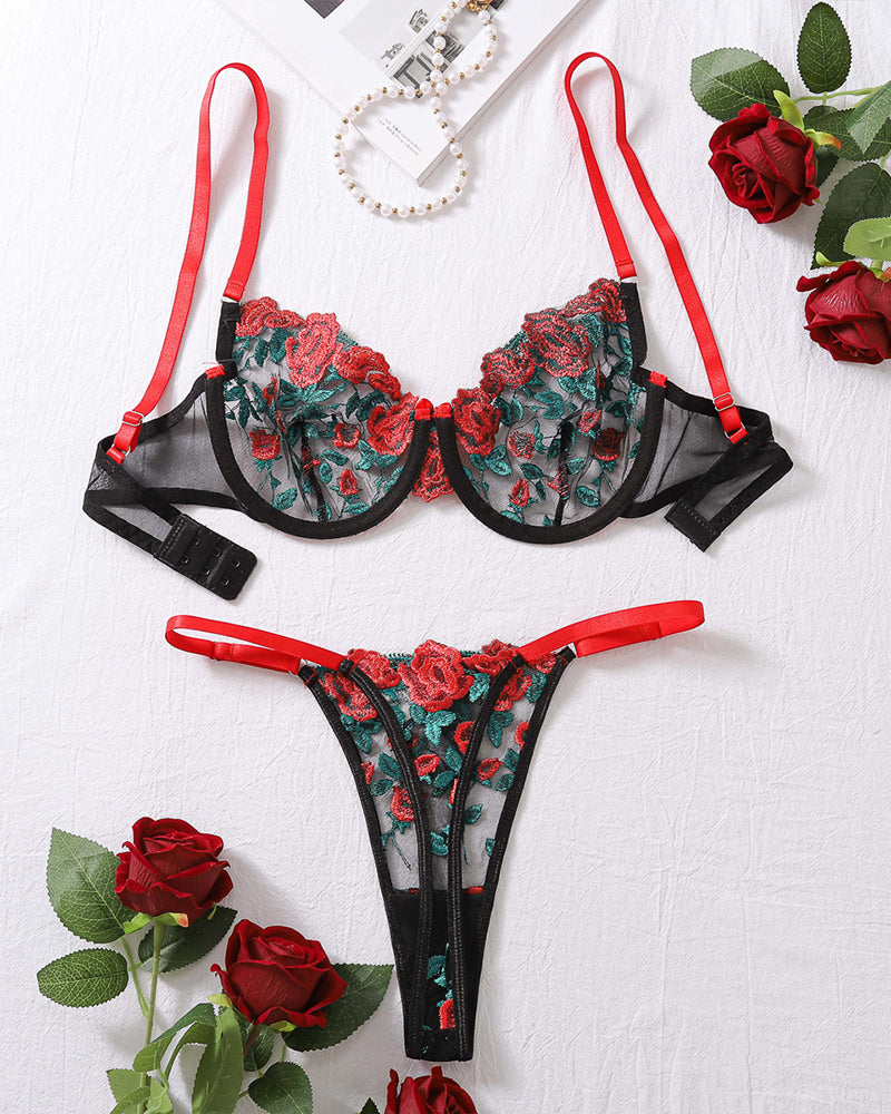 FEmbroidery See-Through Bra Set