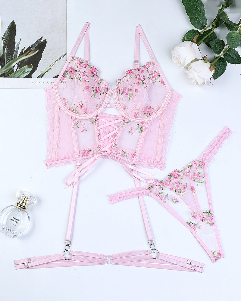 Embroidered FLace-Up Bra Set
