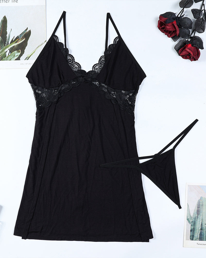 Lace Stitching Slit Suspender Nightdress