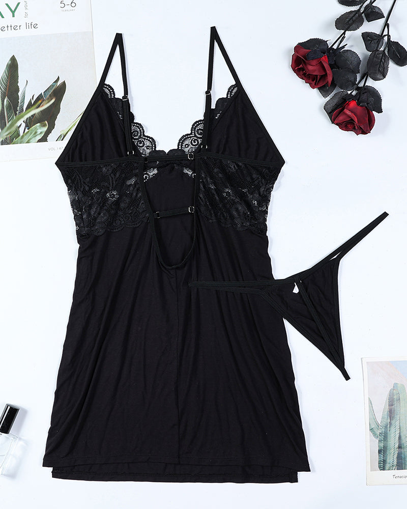 Lace Stitching Slit Suspender Nightdress