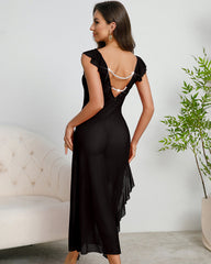 Deep V-neck Pleated Lace Side Slit Mesh Dress