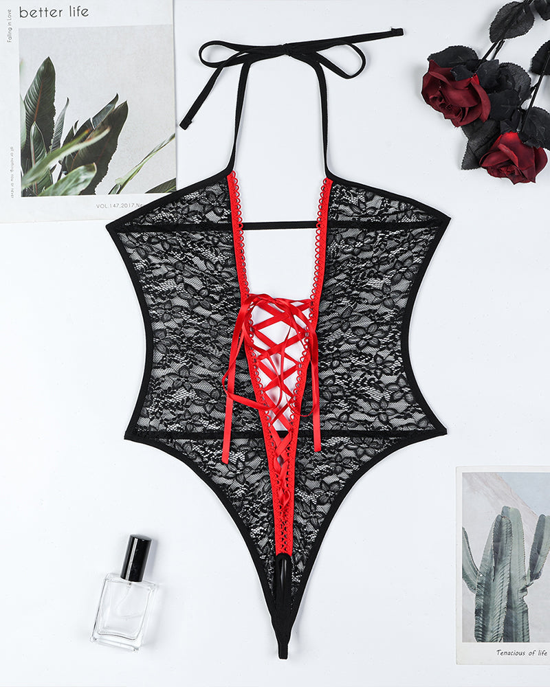 Mesh Crotchless Lace-Up Bodysuit