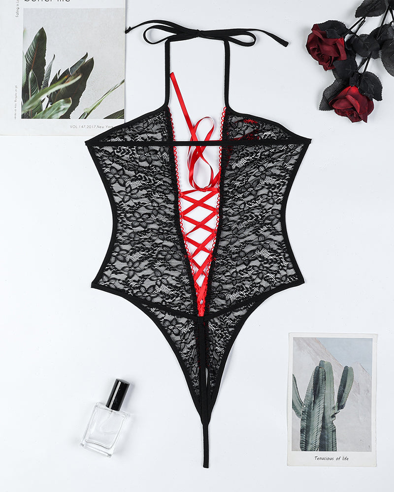 Mesh Crotchless Lace-Up Bodysuit