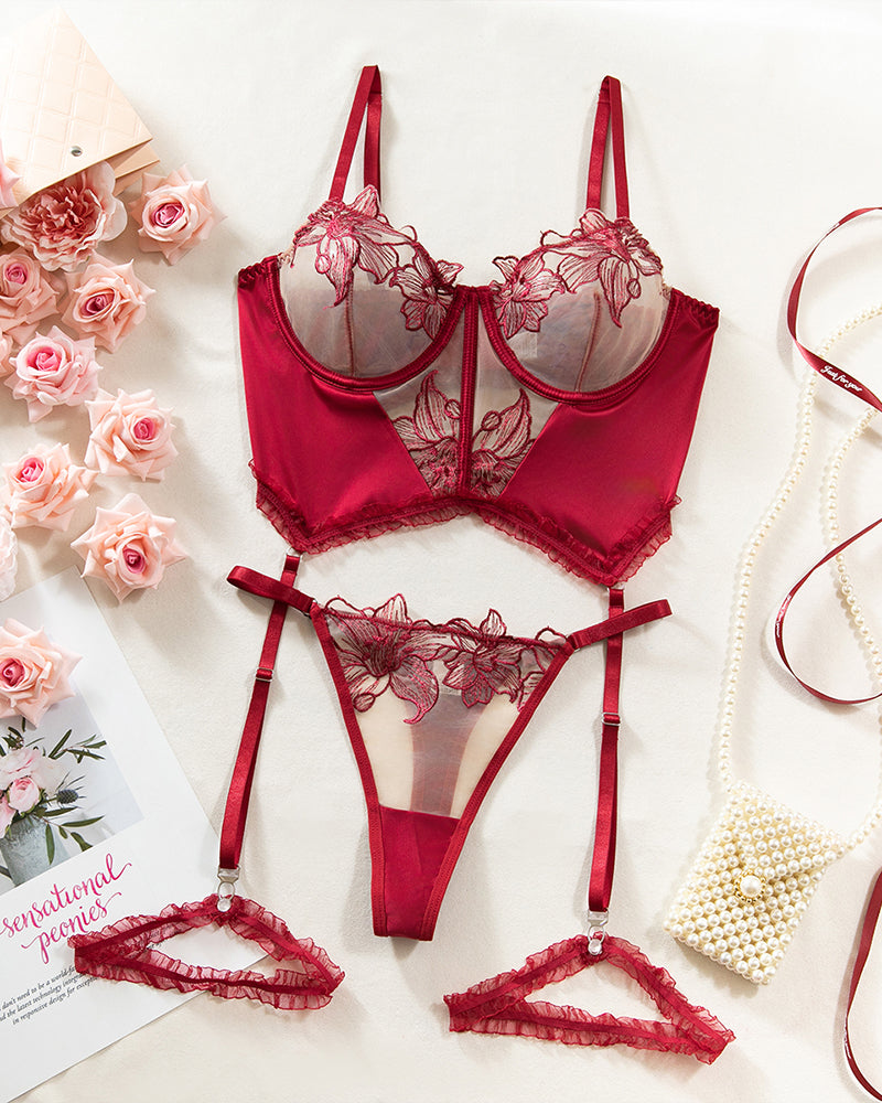 Embroidered Flower Colorblock Bra Set