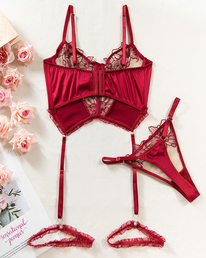 Embroidered Flower Colorblock Bra Set