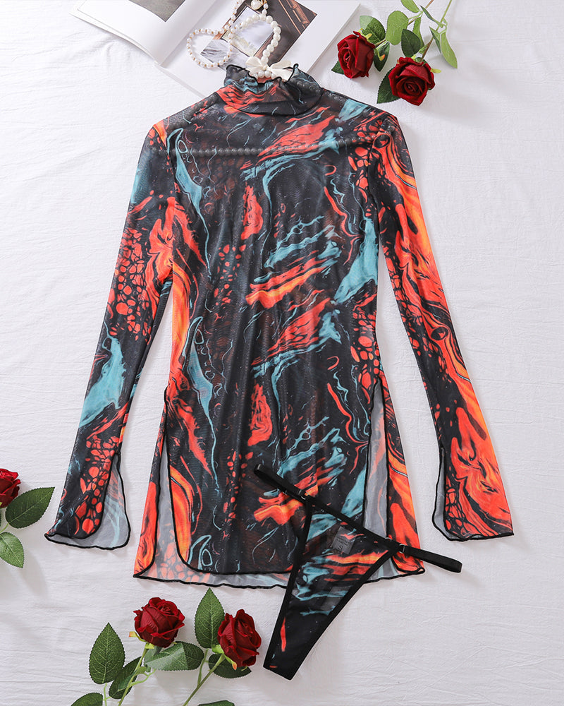 Tie-Dye Mesh High Side Slit Dress