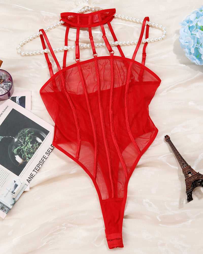 Mesh See-Through Patchwork Bodysuit